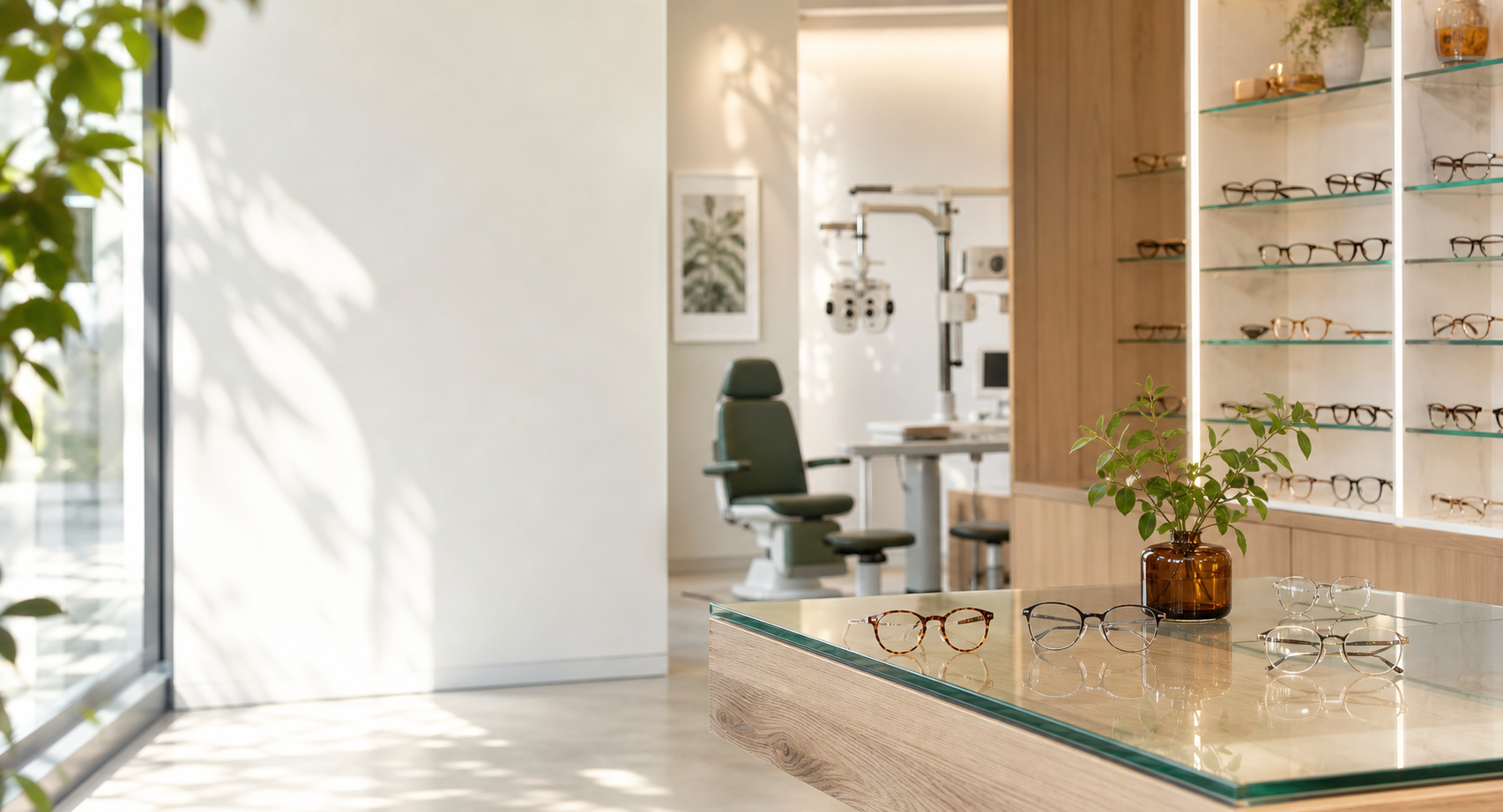 Interior luminoso de una optica moderna con gafas sobre un mostrador